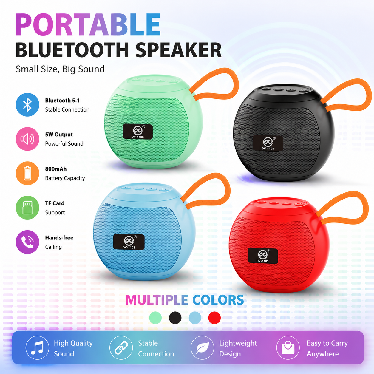 DV-1103 Bluetooth, USB, TF Card & FM Radio Supported Good Bass 5W Wireless Speaker